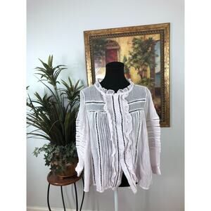 HA Design Blouse Top Women's Medium White Sheer Crochet Ruffle Boho Summer Shirt